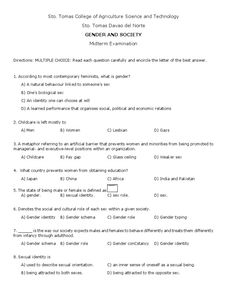 Gender and Society Midterm Exam Guide | PDF | Homosexuality | Sexual ...