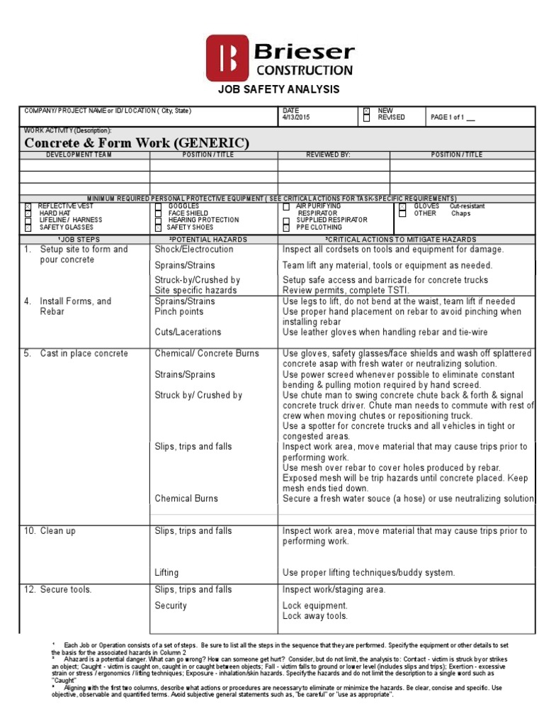 Concrete & Form Work (GENERIC) Job Safety Analysis PDF