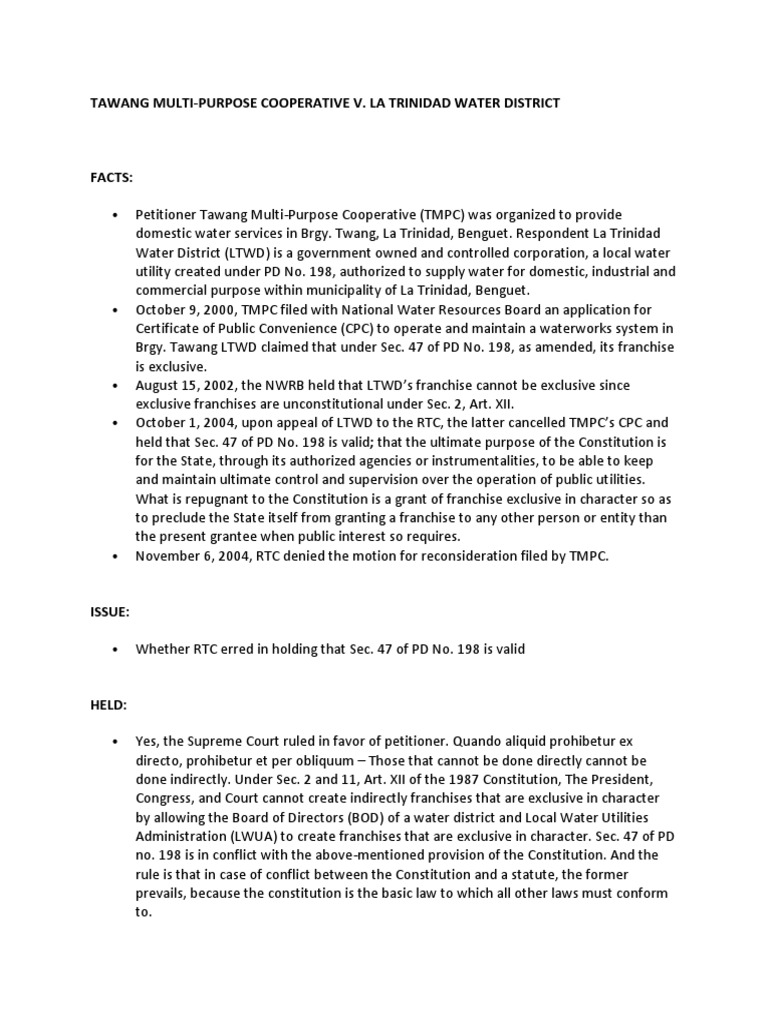 Tawang MultiPurpose Cooperative V. La Trinidad Water District PDF