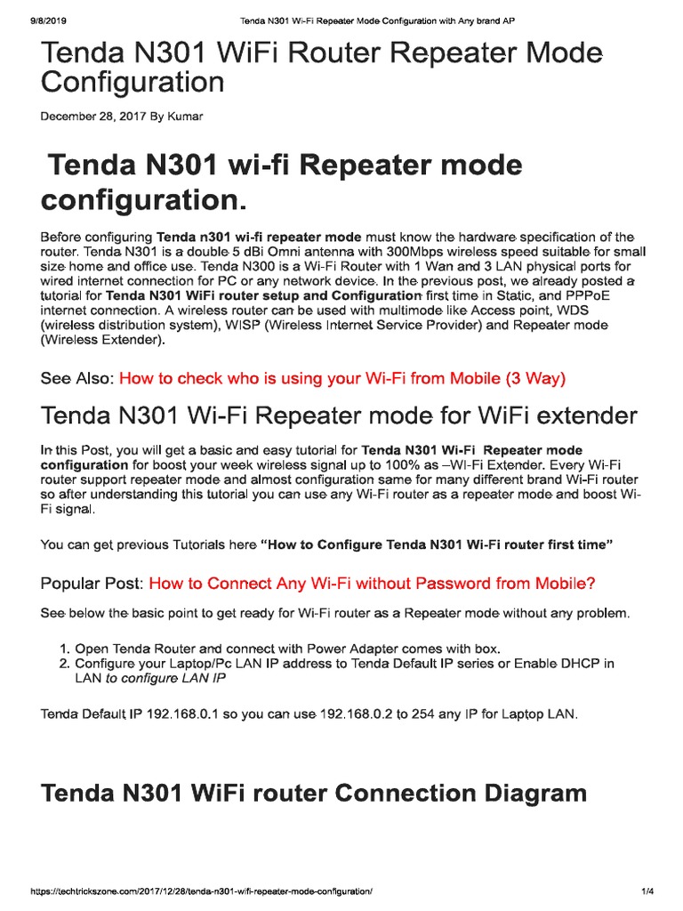 Tenda N301 Wi Fi Repeater Mode Configuration With Any Brand Ap Pdf
