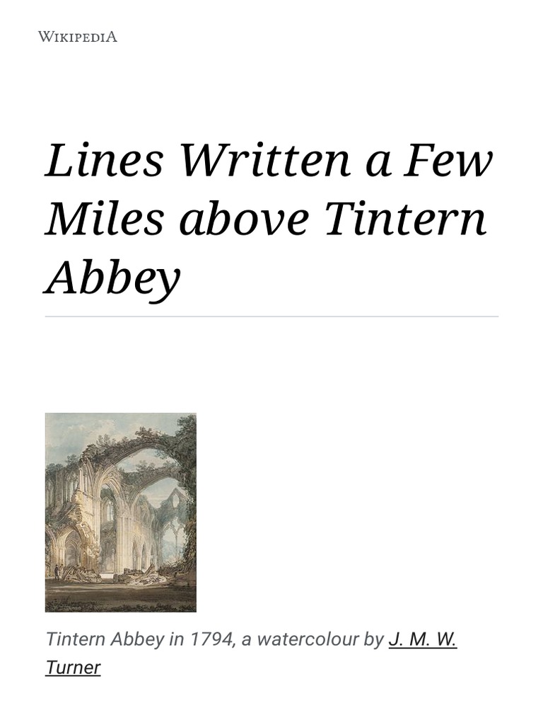 Lines Written A Few Miles Above Tintern Abbey Wikipedia PDF PDF Poetry