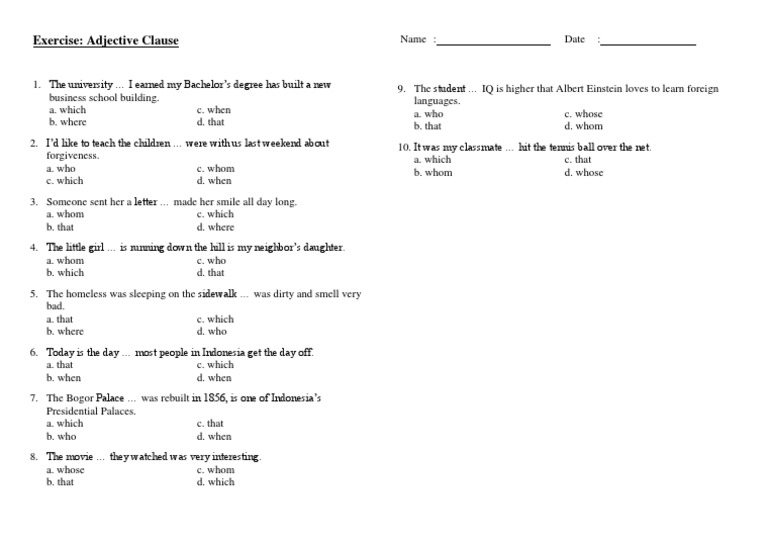 Adjective Clause Exercises with Answers | PDF