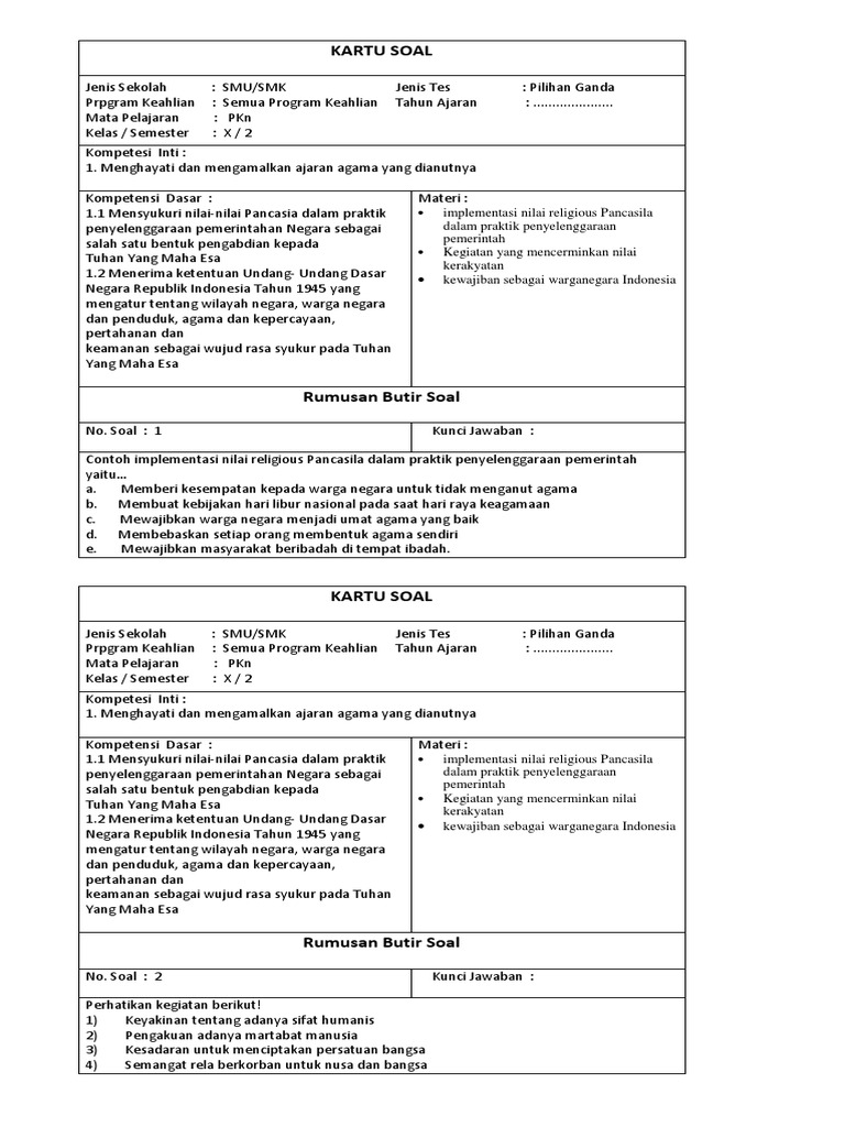 Kartu Soal Pkn Kels X Sem 2