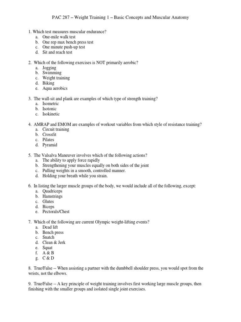 Weight Training Quiz PDF