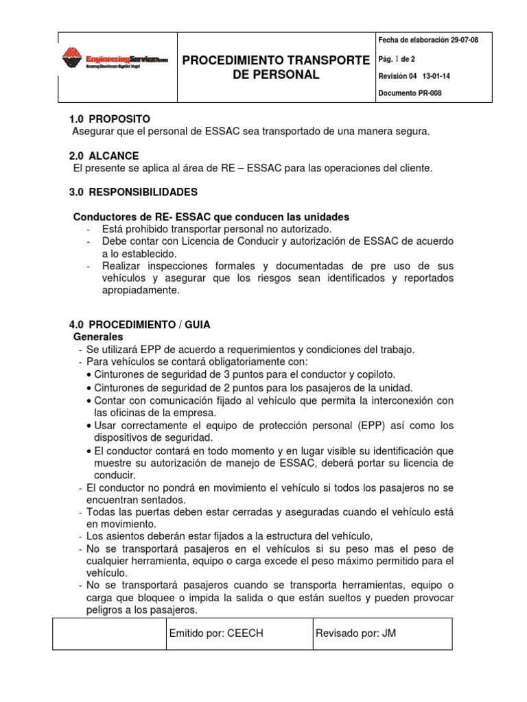 Procedimiento Transporte De Personal 1.0 Proposito Licencia de