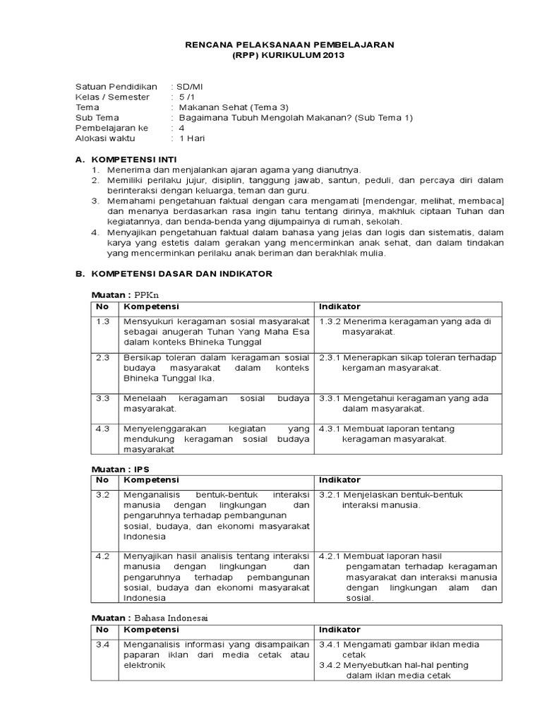 Rpp Kelas 5 Tema 3 Subtema 1 Pb 4