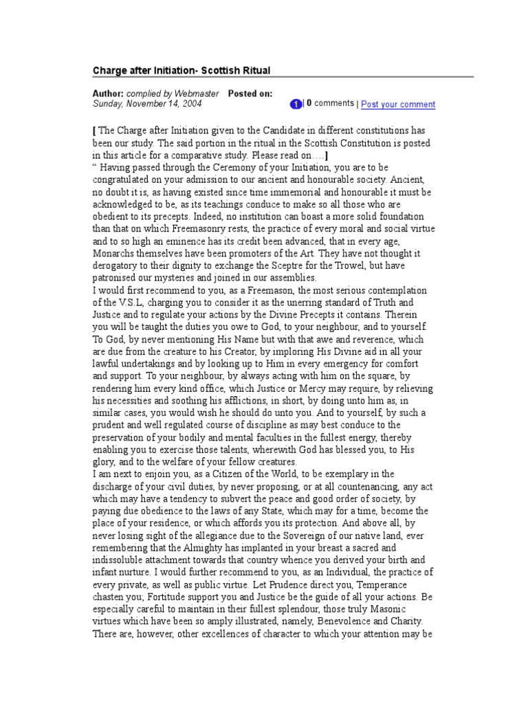 Charge After Initiation in Freemasonry | PDF | Freemasonry | Virtue