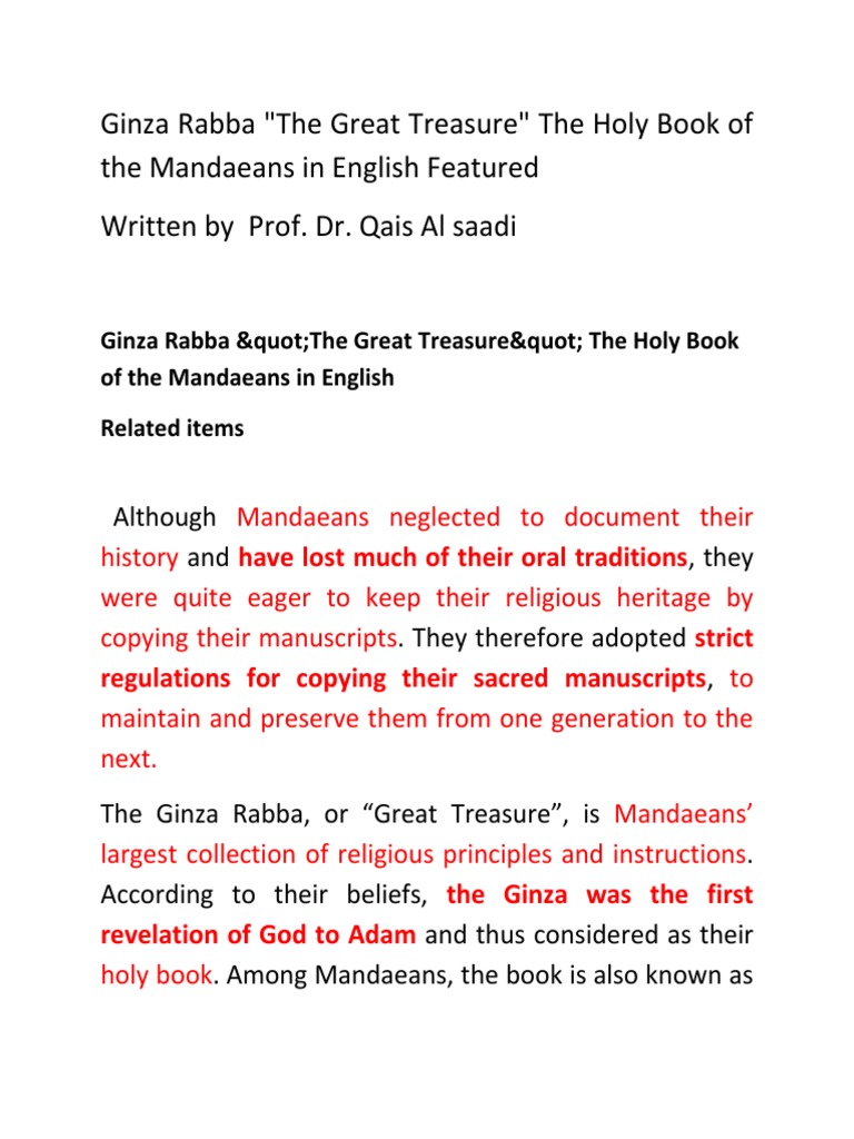 Ginza Rabba The Great Treasure The Holy Book Of The Mandaeans In English Featured Pdf Soul Translations