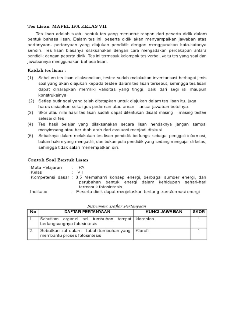Tes Lisan Mapel Ipa Kelas Vii