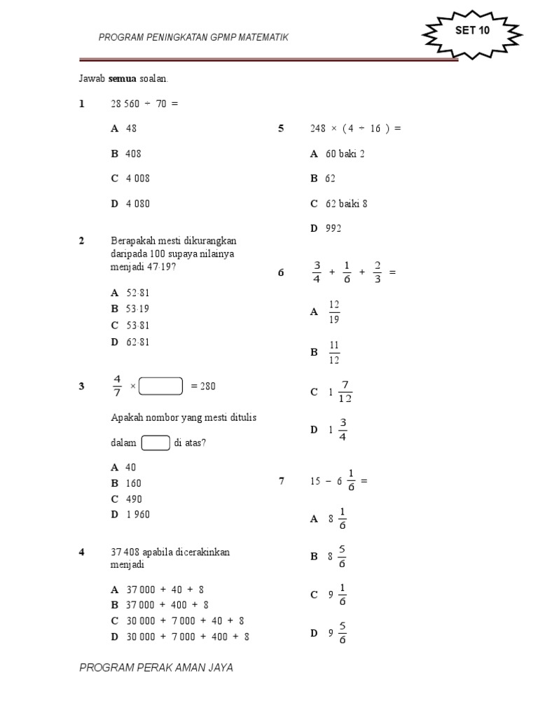 Soalan Matematik Tahun 6 2022