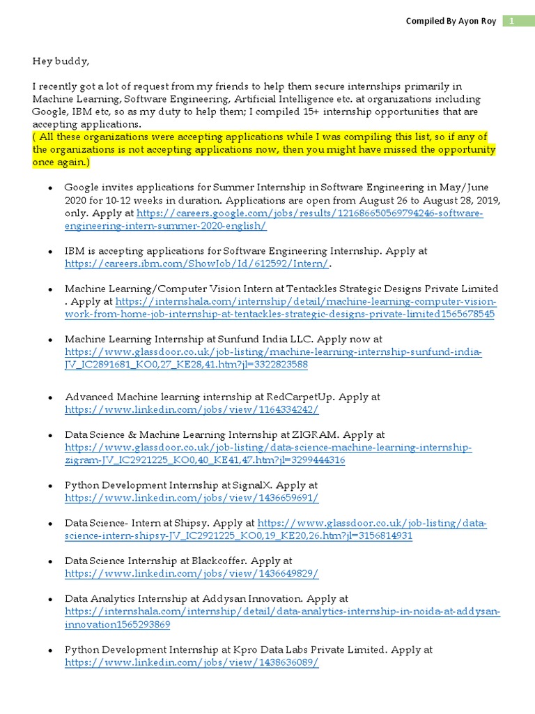 Internship Opportunities in AI & ML | PDF | Machine Learning ...