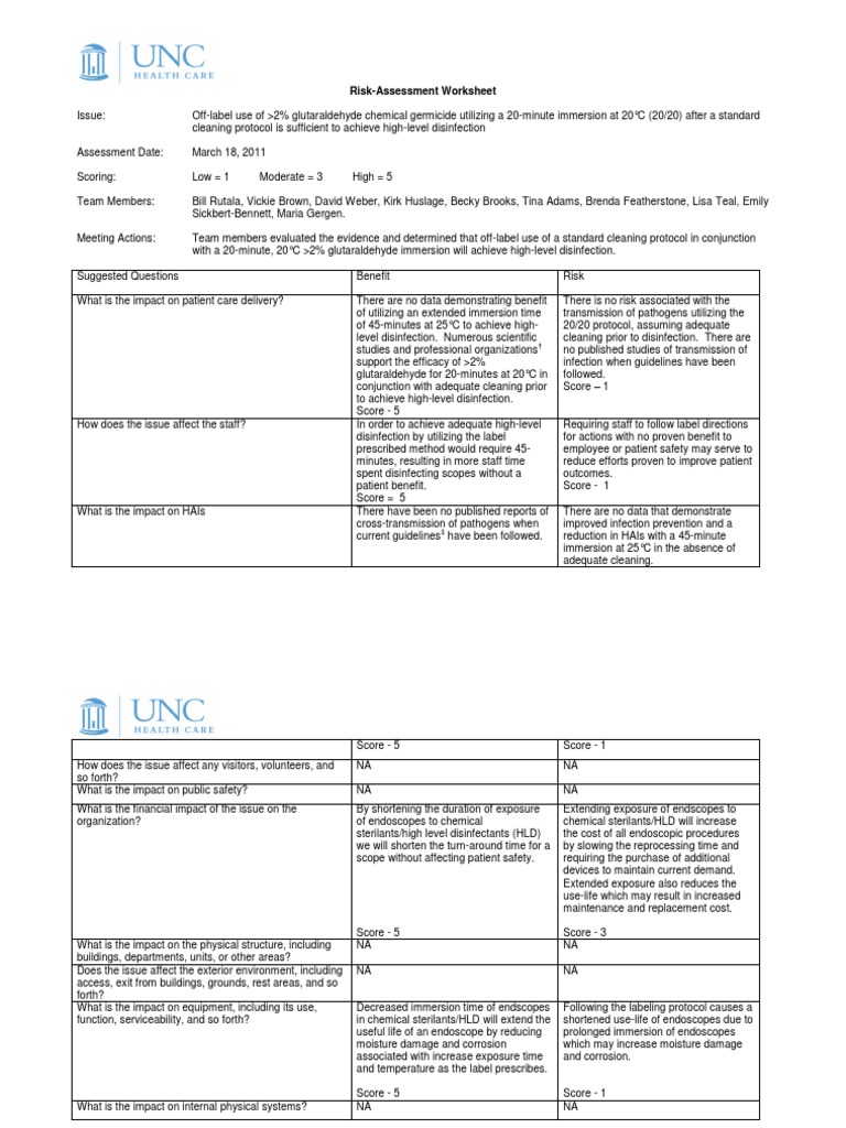 RiskAssessment Worksheet PDF Disinfectant Federal Food