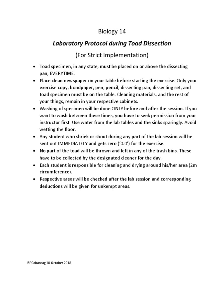 Toad Dissection Lab Protocol Guide | PDF | Wellness