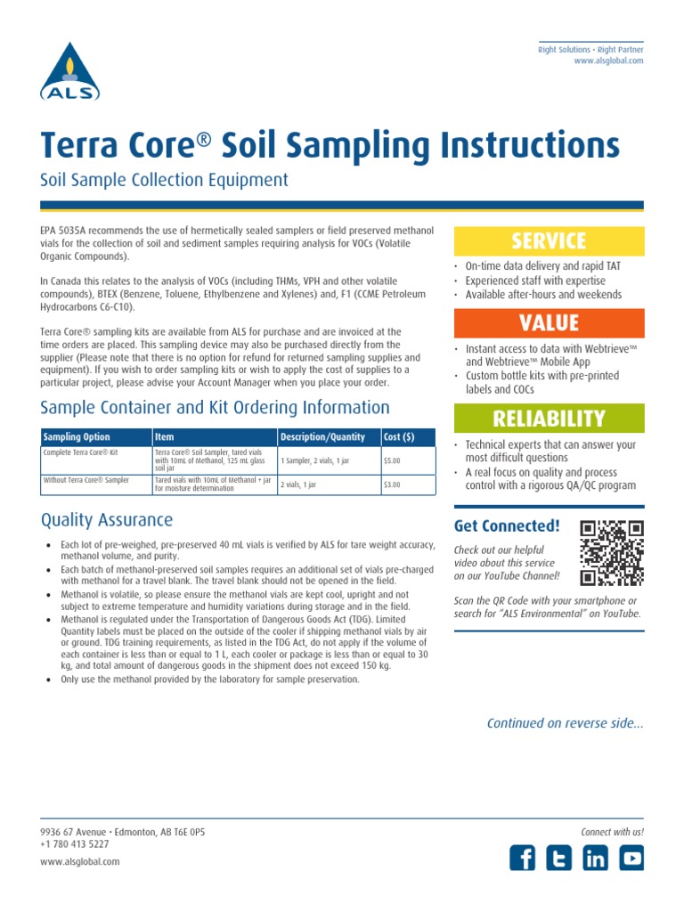Terra Core Soil Sampling Instructions Service PDF Volatile Organic Compound Dangerous Goods