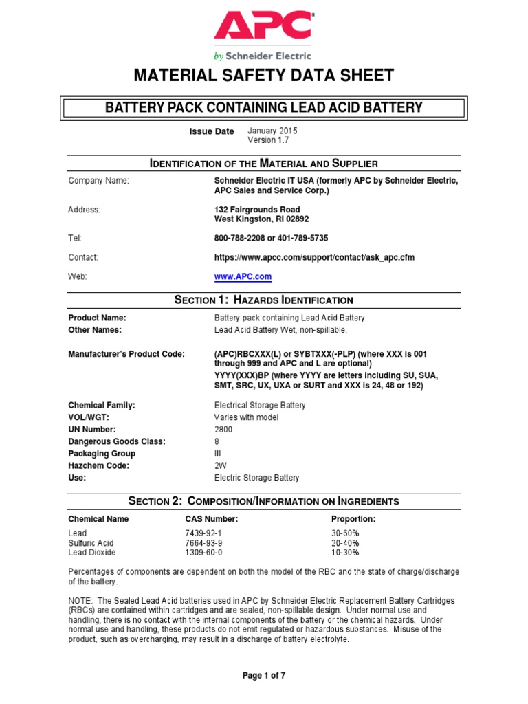 Material Safety Data Sheet Battery Pack Containing Lead Acid Battery