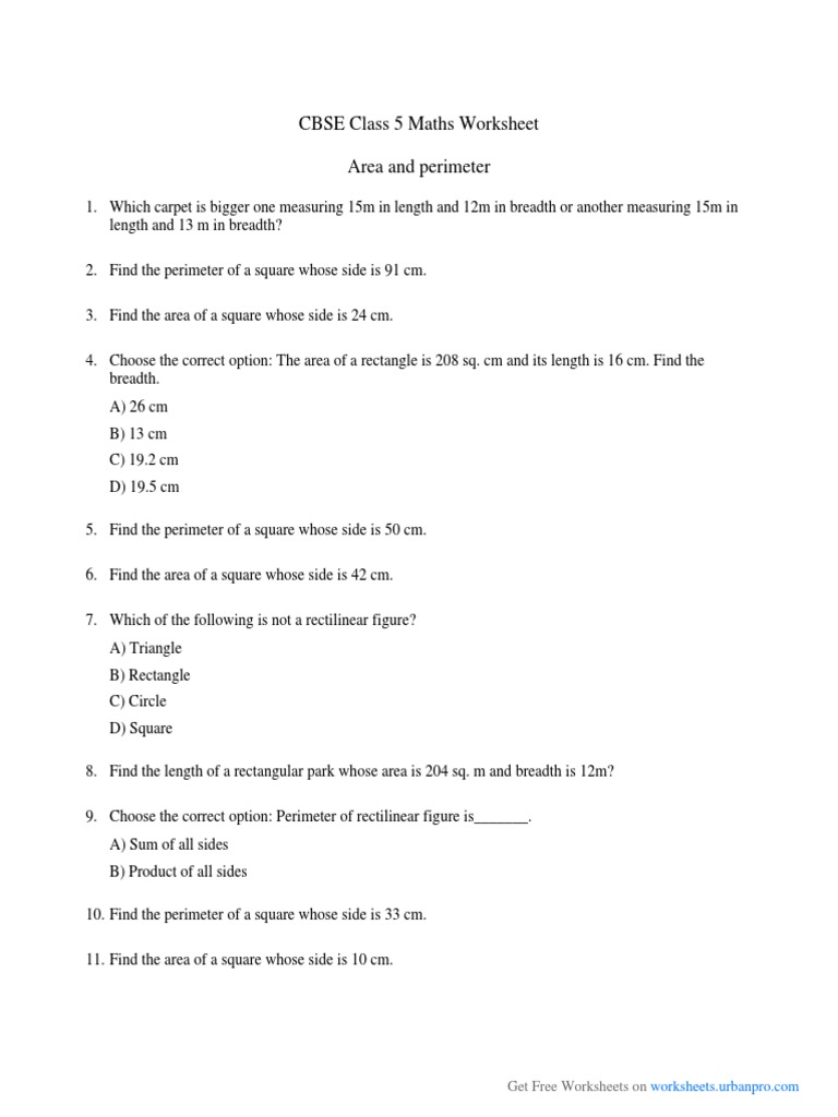 Class 5 Area and Perimeter Worksheets | PDF | Area | Rectangle