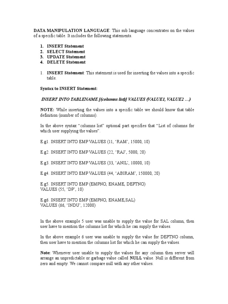 Overview of Data Manipulation Language | PDF | Data Management Software ...