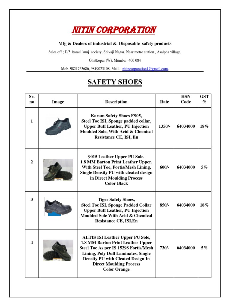 Safety Shoes Price List and HSN Codes | PDF | Footwear | Fashion