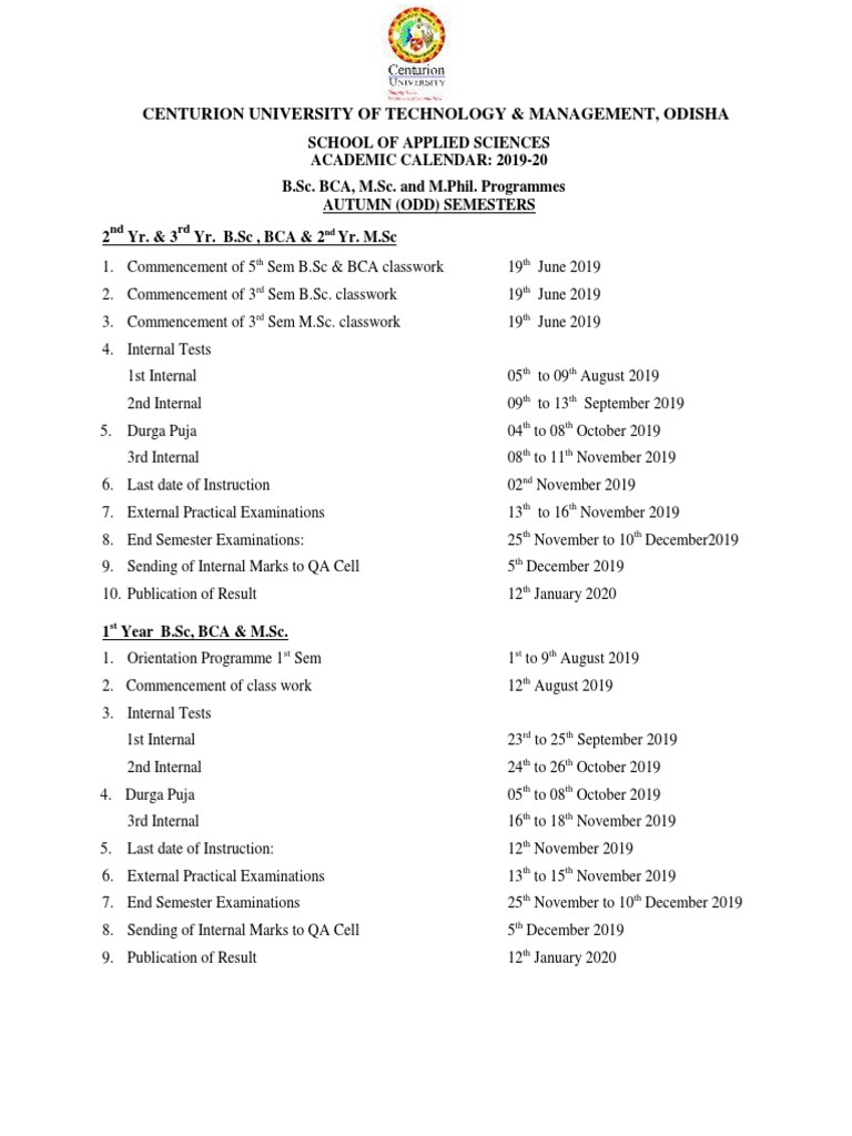 CENTURION UNIVERSITY ACADEMIC CALENDAR 201920 PDF