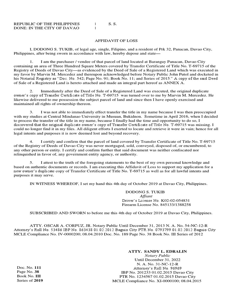 Affidavit of Loss Land Title PDF Notary Public Affidavit