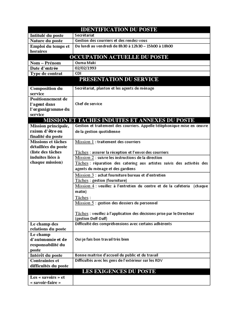 Fiche de poste : Secrétaire administratif | PDF | Business