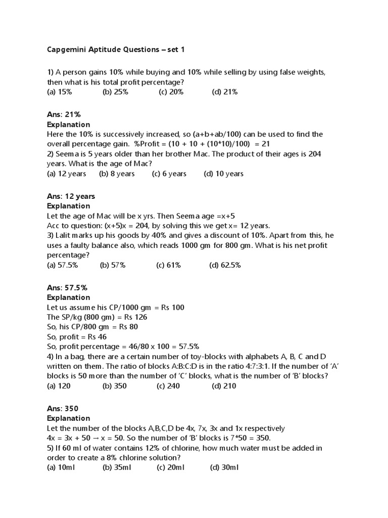 Capgemini Aptitude Questions Set 1 | PDF | Integer (Computer Science ...