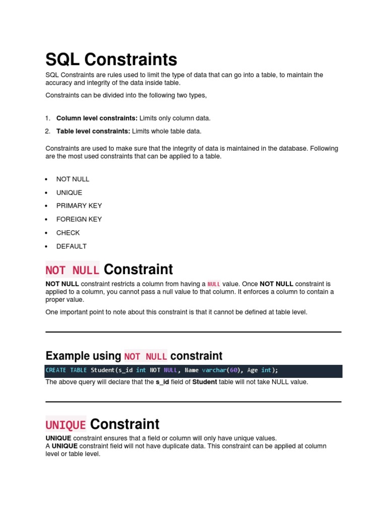 SQL Constraints: Constraint | PDF | Relational Database | Data