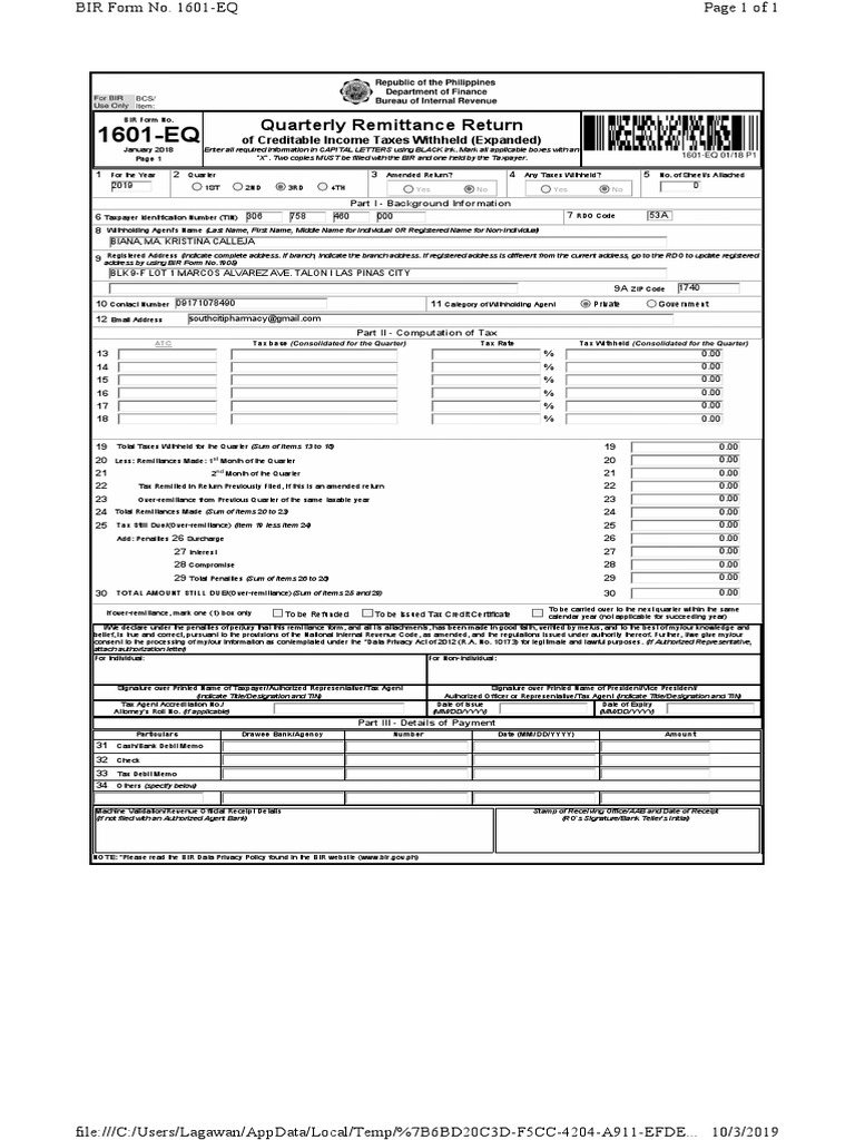 BIR Form 1601 Quarterly Remittance | PDF | Withholding Tax | Taxation