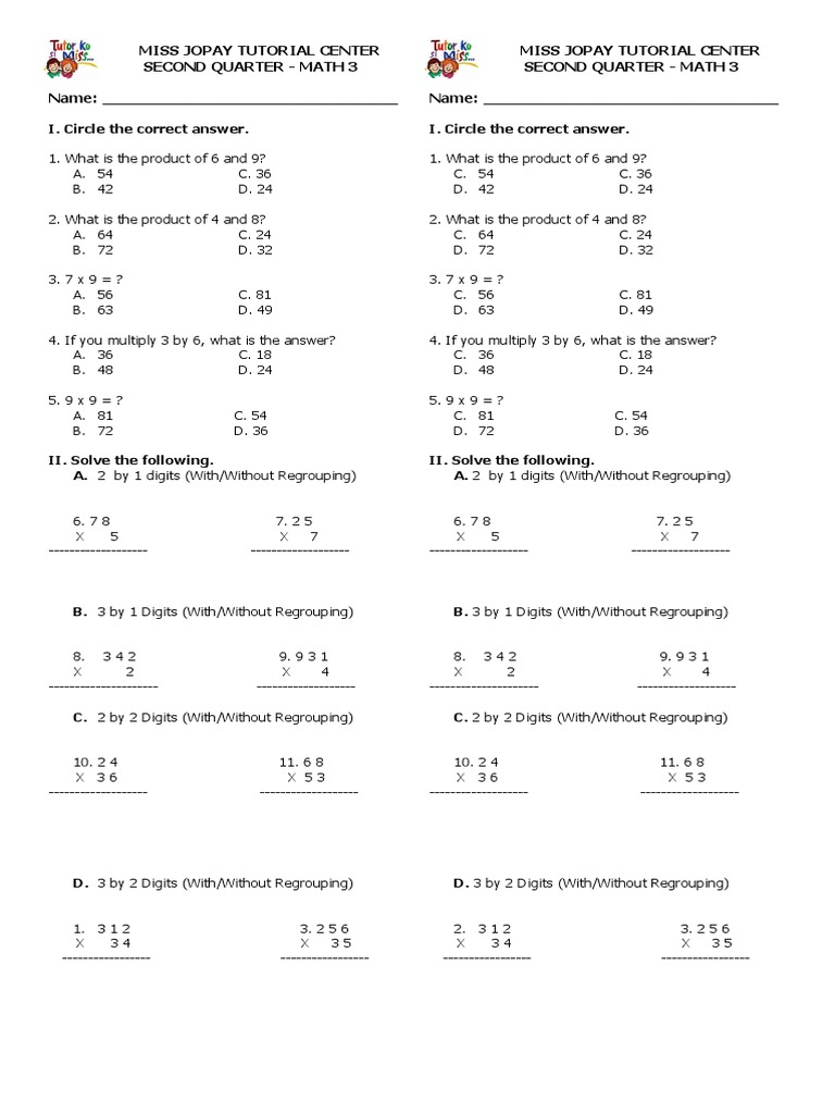 Miss Jopay Tutorial Center Second Quarter - Math 3 Name: - Miss Jopay ...