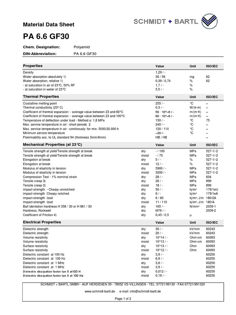 PA 6.6 GF30 Material Data Sheet PDF Young's Modulus Ultimate Tensile Strength