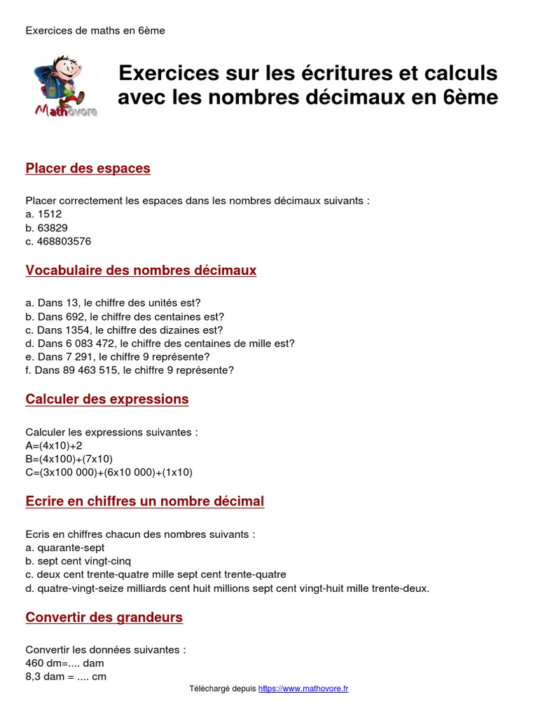 Exercices Nombres Décimaux Cm2 Pdf Avec Correction 16 - Exercices - Les Nombres Décimaux 04 | PDF