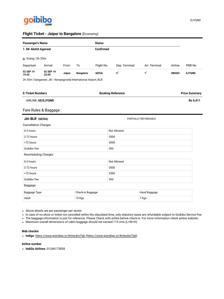 Flight Ticket Jaipur To Bangalore Fare Rules & Baggage PDF