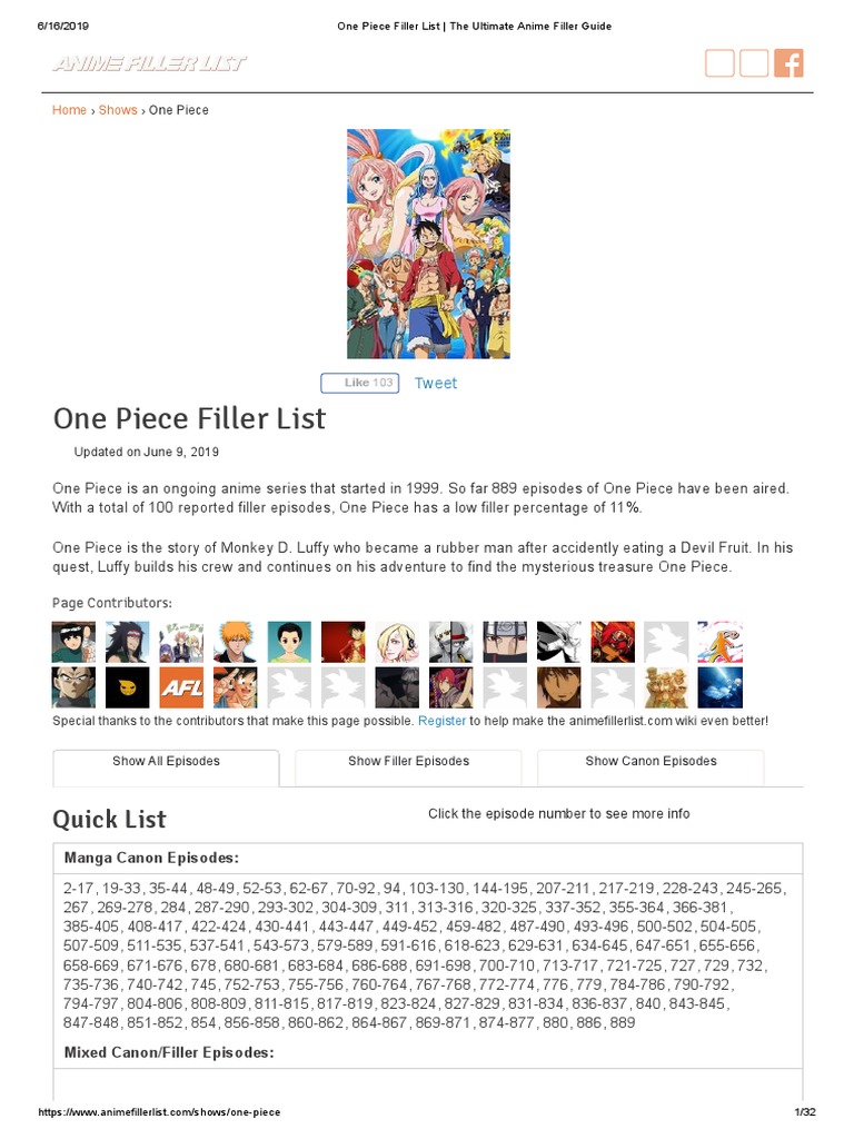 One Piece Episode Filler One Piece Filler List - The Ultimate Anime Filler Guide | PDF