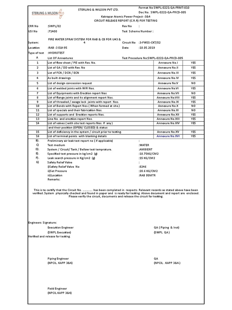 Fire Water Spray System Testing Report | PDF | Leak | Pressure Measurement