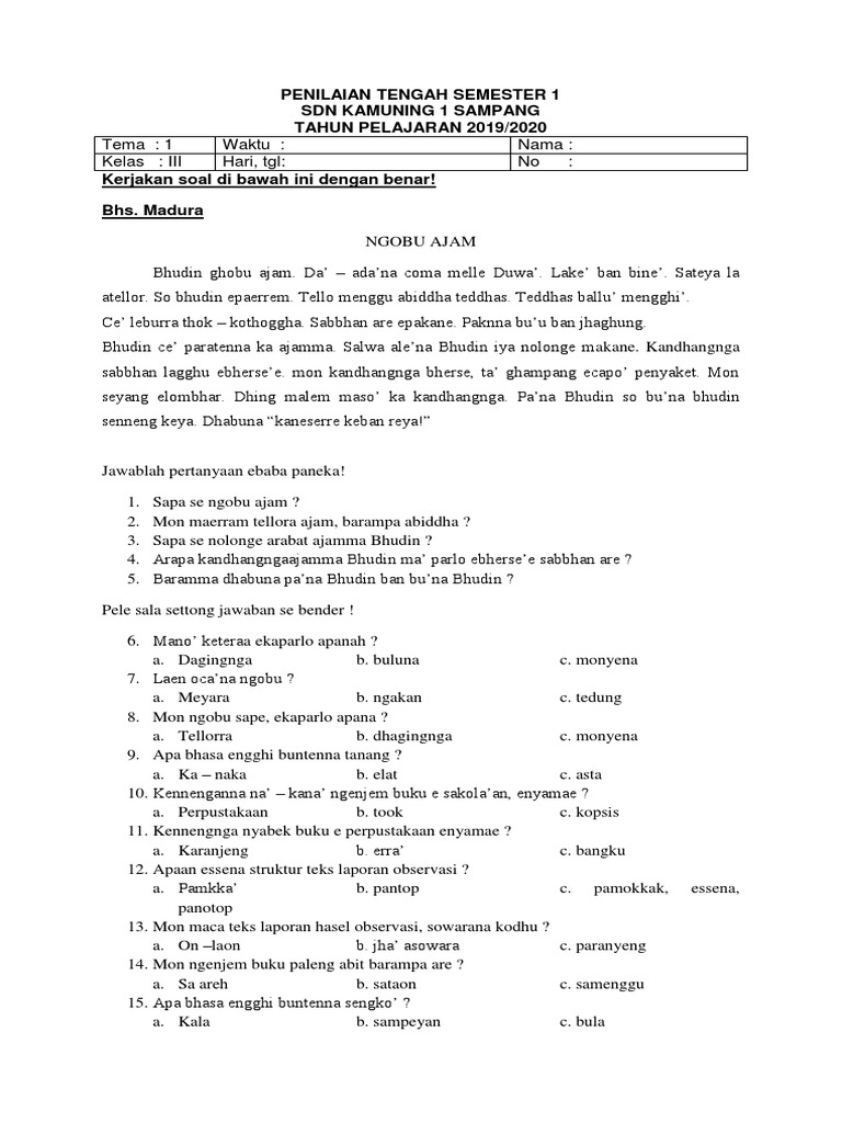 Contoh Soal Bahasa Madura Kelas 3 SD