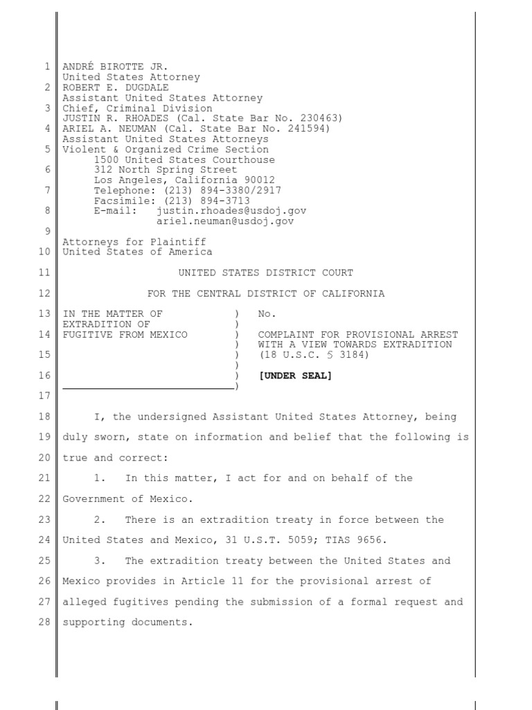 Mexican Extradition Beresford Redman Complaint PDF Extradition