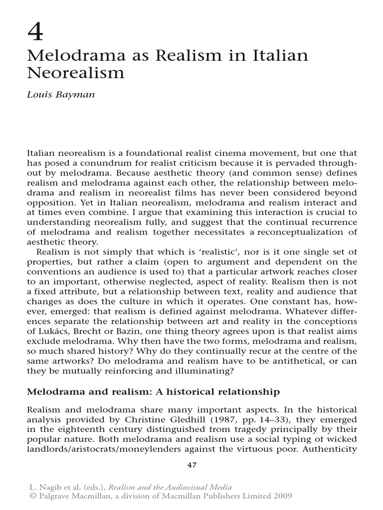 Melodrama As Realism in Italian Neorealism PDF PDF Realism (Arts