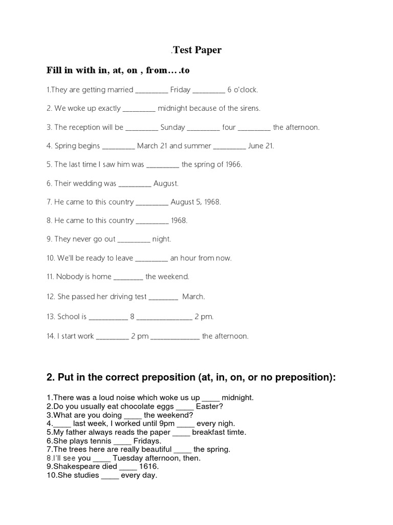Test Paper Fill in With In, At, On, From .To | PDF | Language Arts ...