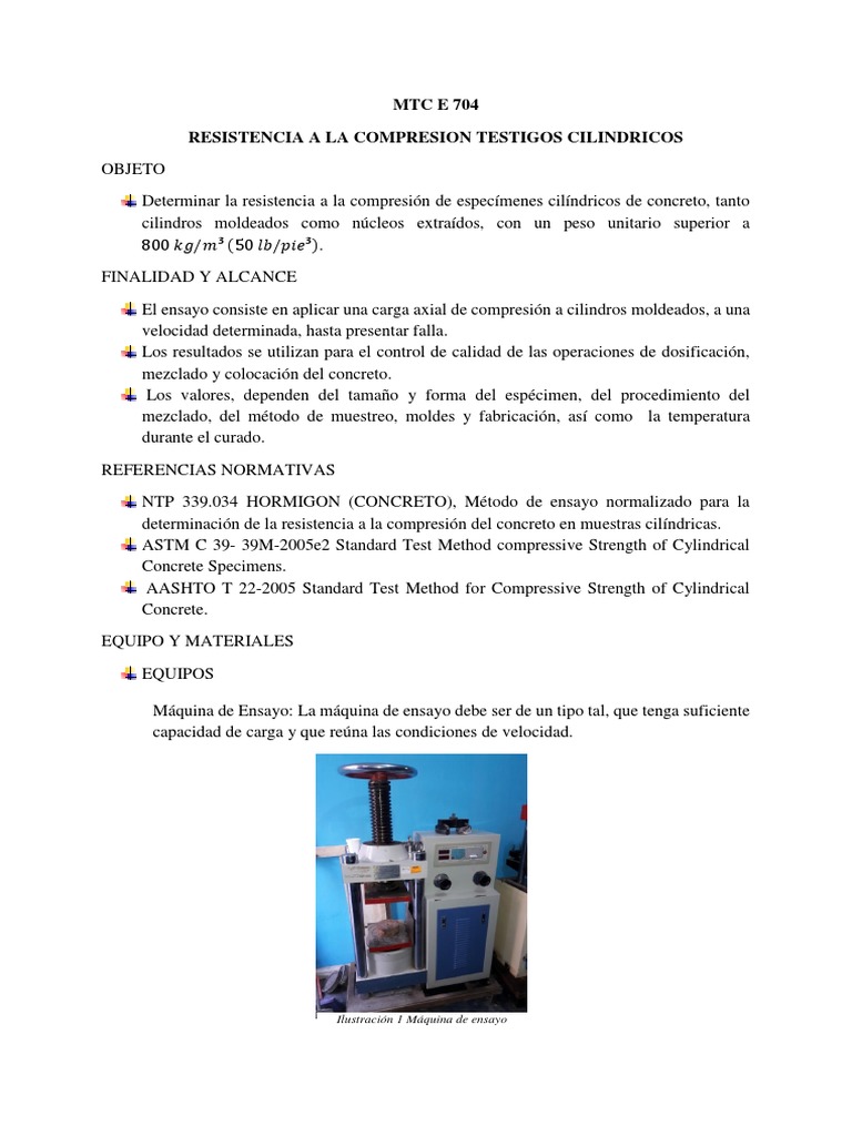 Resistencia a la Compresión MTC E 704 | PDF | Hormigón | Materiales