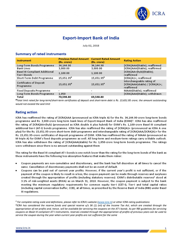Export-Import Bank of India: Summary of Rated Instruments | PDF ...