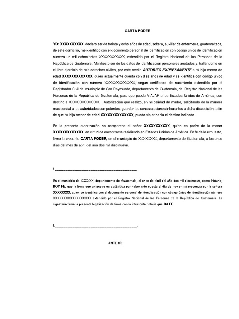 Carta Poder Autorización para Que Menor de Edad Viaje Solo | PDF