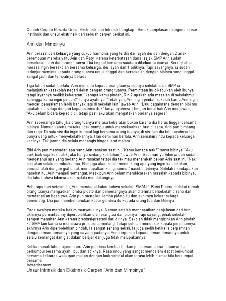 Contoh Cerpen Beserta Unsur Ekstrinsik Dan Intrinsik Lengkap Docx