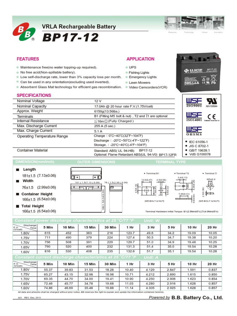 BB Battery Ups BP17-12 PDF | PDF | Galvanic Cells | Electricity