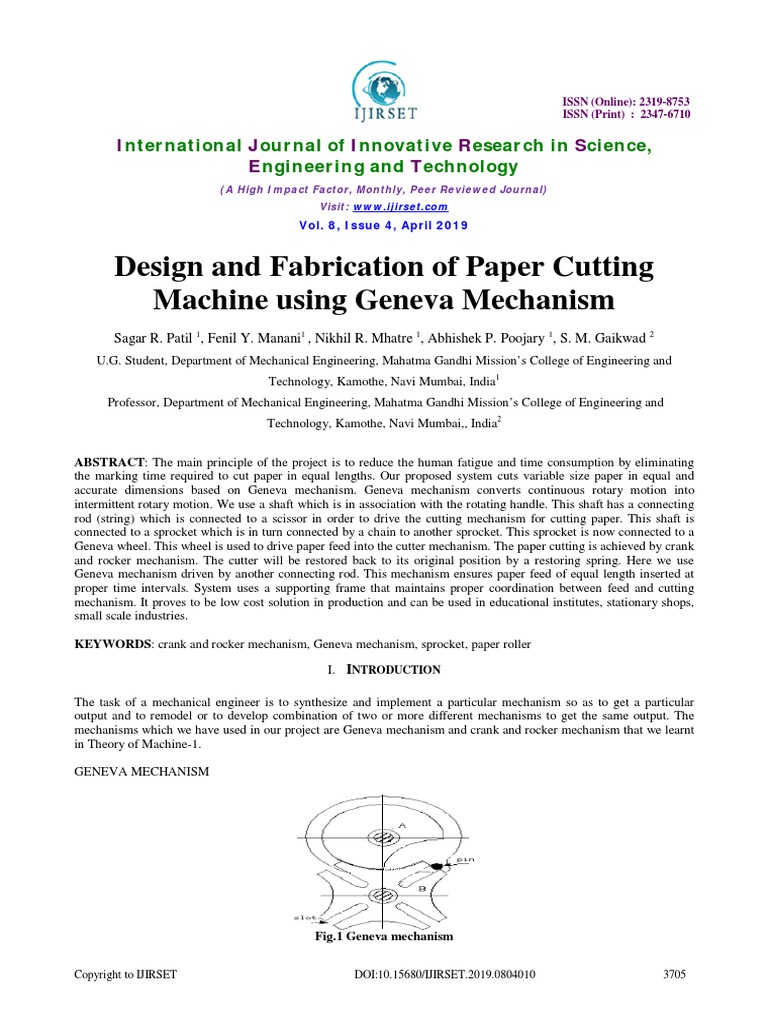 Design and Fabrication of Paper Cutting Machine Using Geneva Mechanism