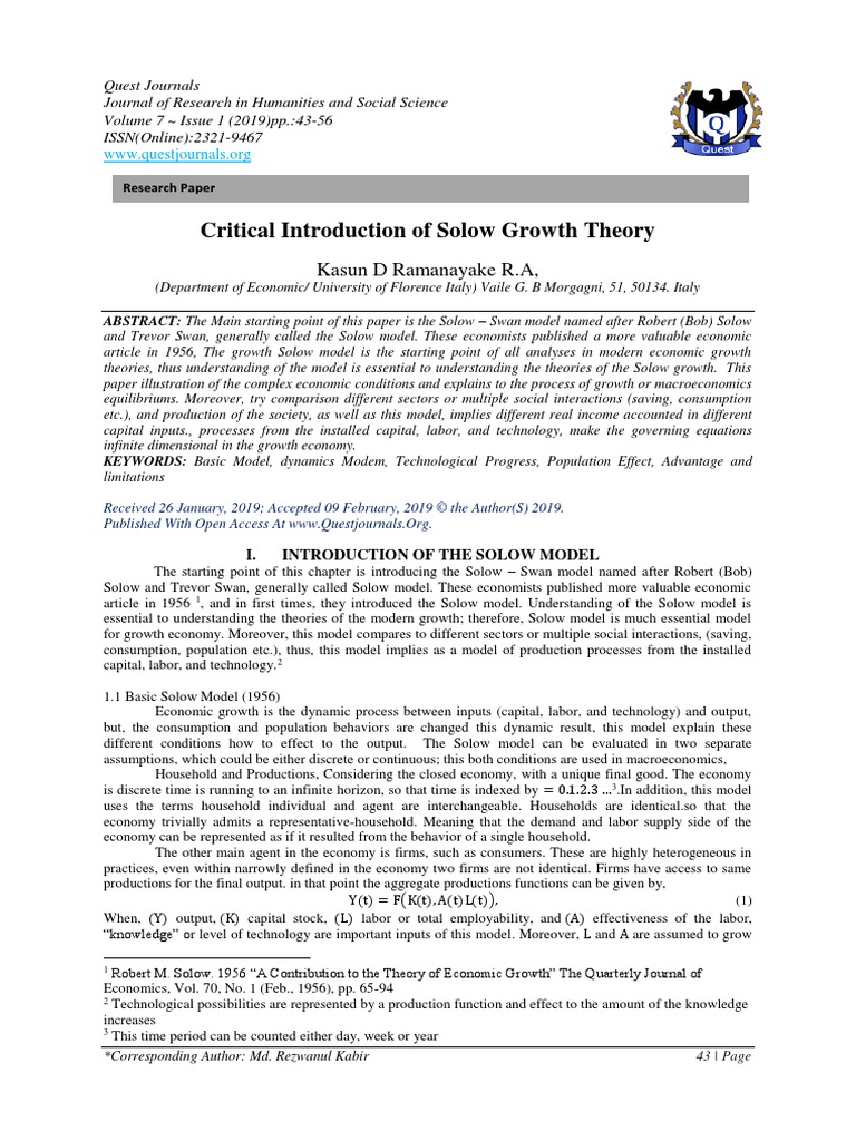 Critical Introduction of Solow Growth Theory | PDF | Production ...