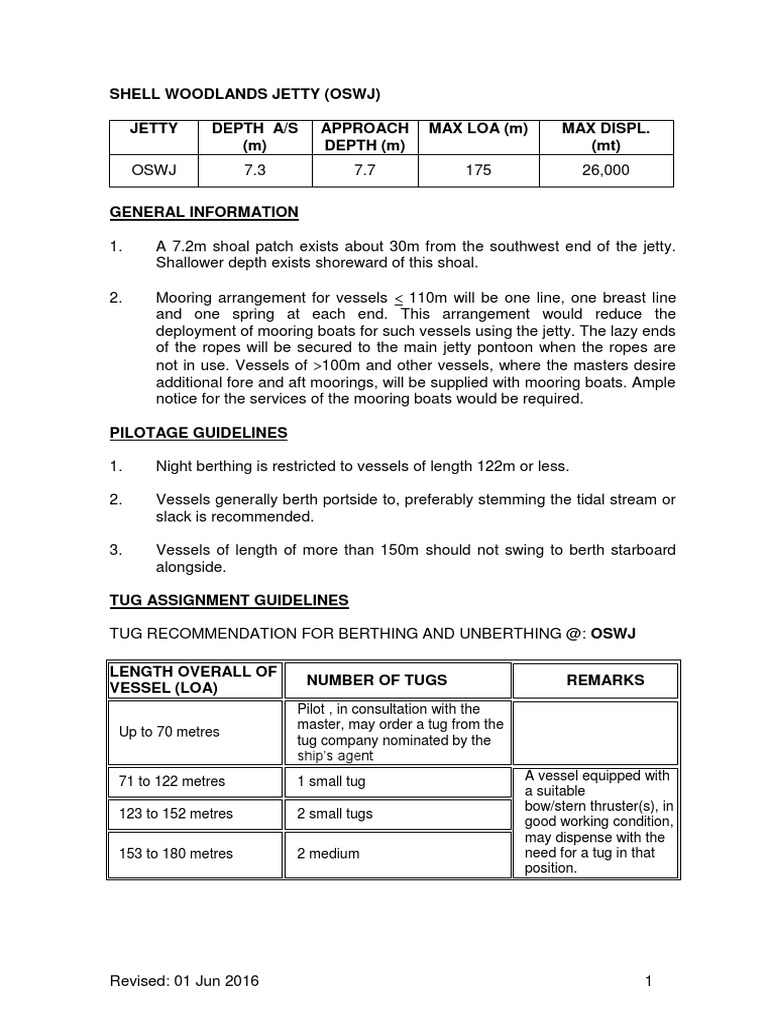 Shell Woodlands Jetty (Oswj) Jetty Depth A/S (M) Approach DEPTH (M) Max ...