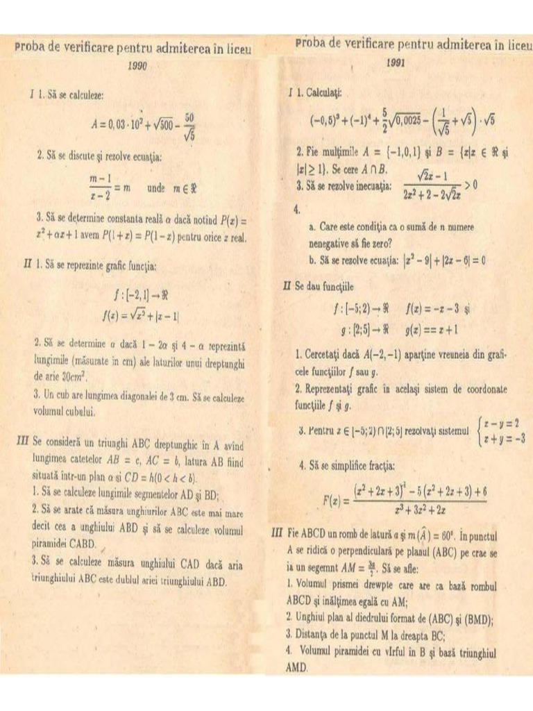 Subiecte Matematica Admitere Liceu 1990 | PDF
