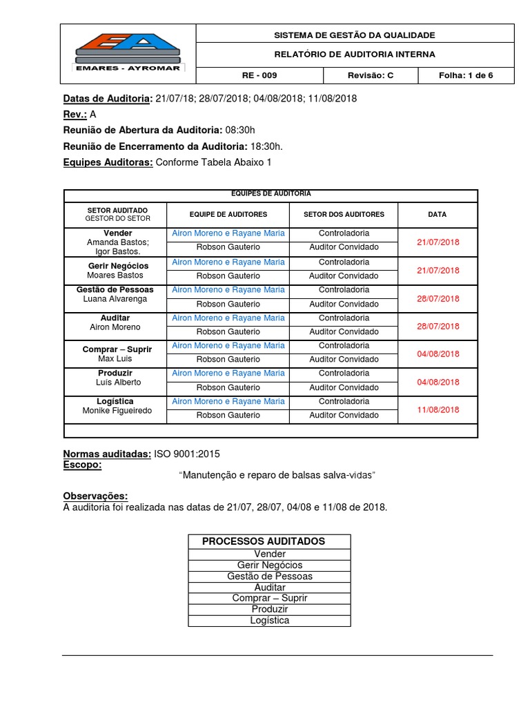 Relatório de Auditoria Interna ISO 9001 | PDF | Auditoria interna ...