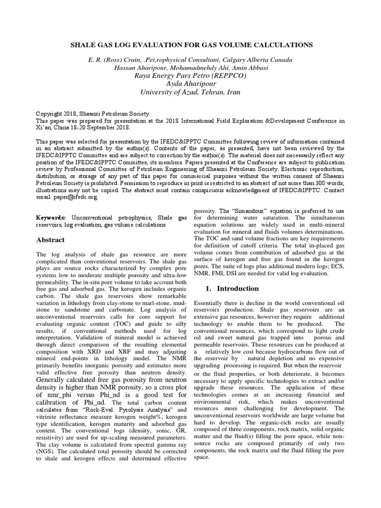 Shale Gas Log Evaluation For Gas Volume Calculations PDF Petroleum Reservoir Porosity
