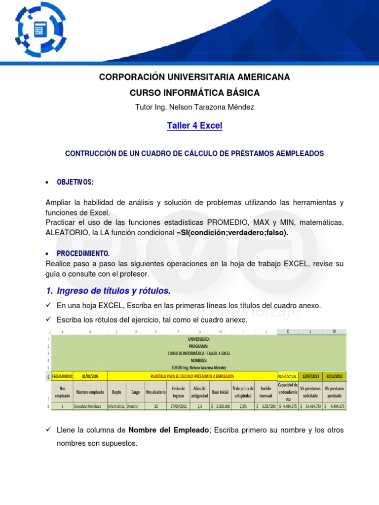 Taller de Excel: Cálculo de Préstamos | PDF | Microsoft Excel | Informática